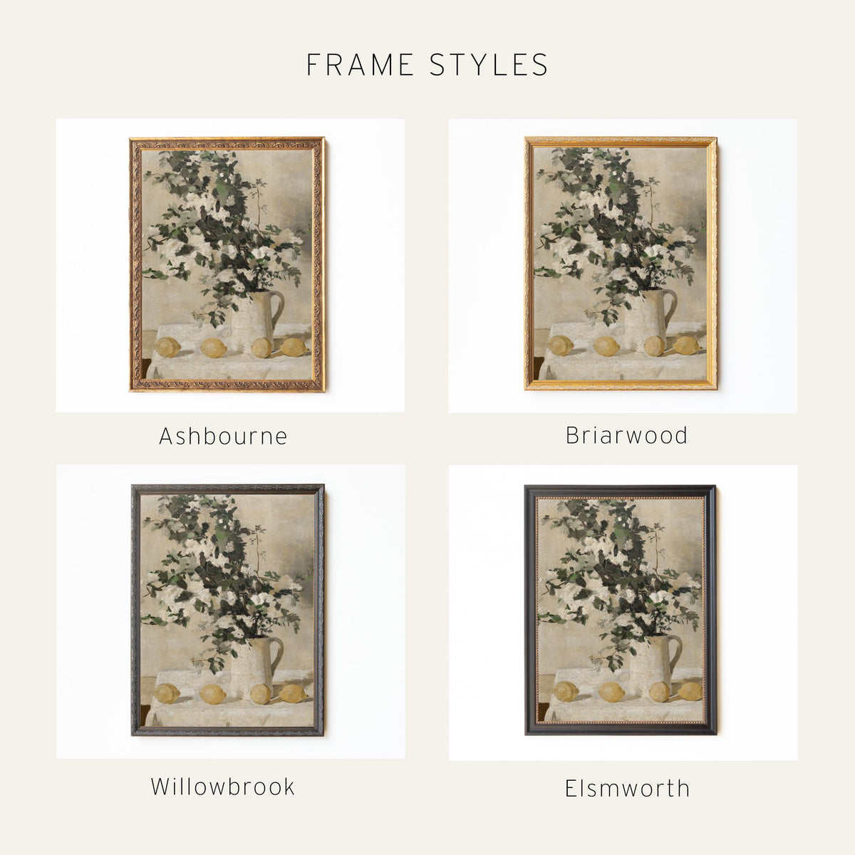 Kitchen Wall Art | Vintage Floral Still Life | Gold Framed Canvas Lemon Painting | N81