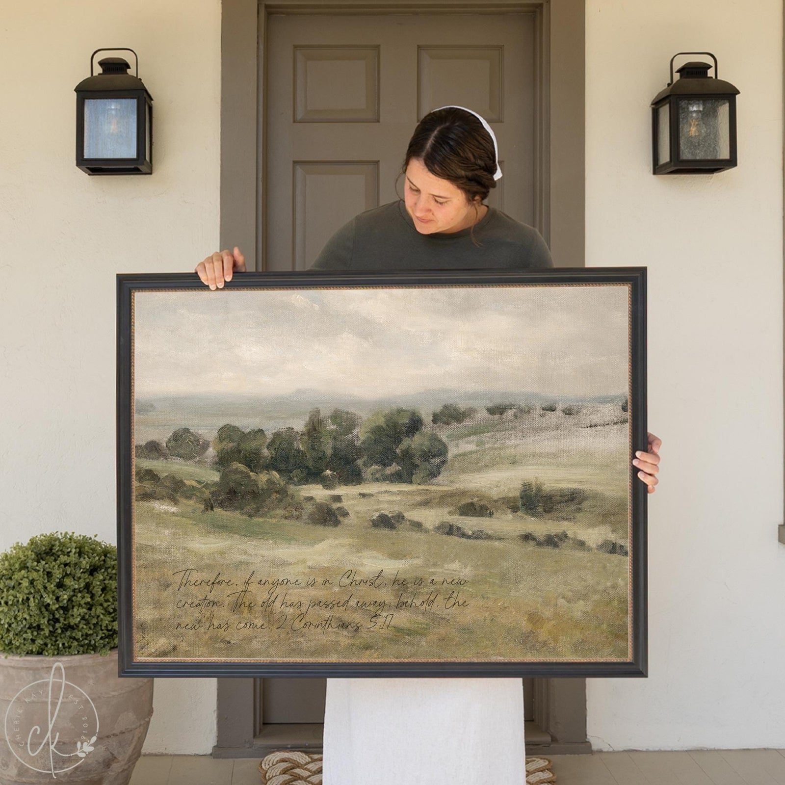 Christian wall decor featuring vintage landscape painting with 2 Corinthians 5:17 verse in muted earth tones