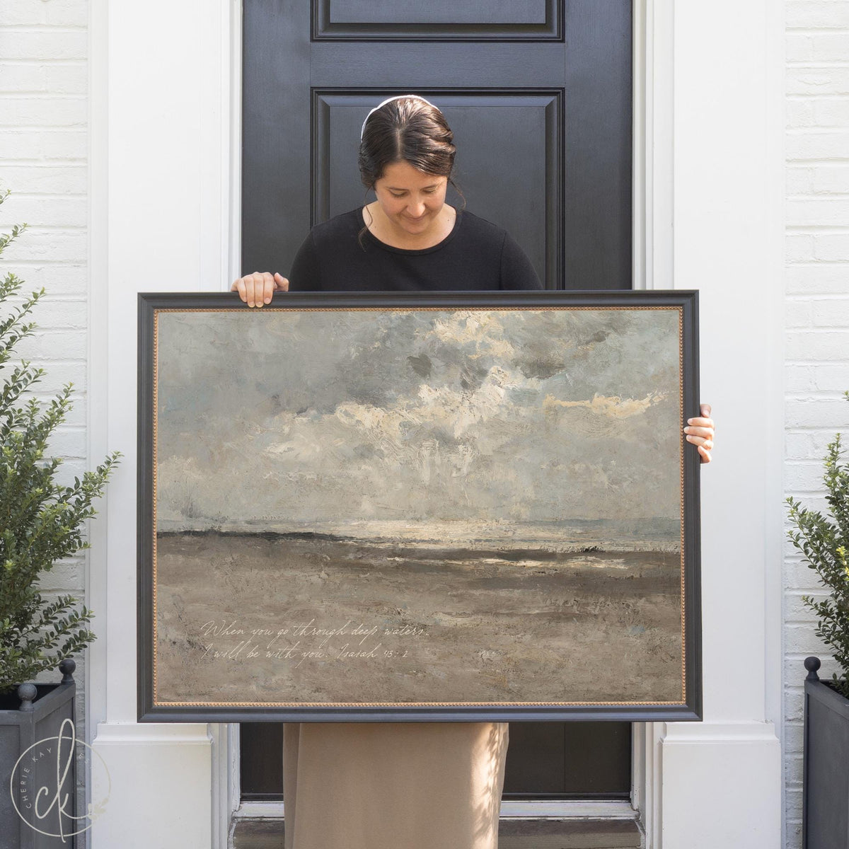 Framed coastal Bible verse wall art with Isaiah 43:2 ocean painting in neutral tones.