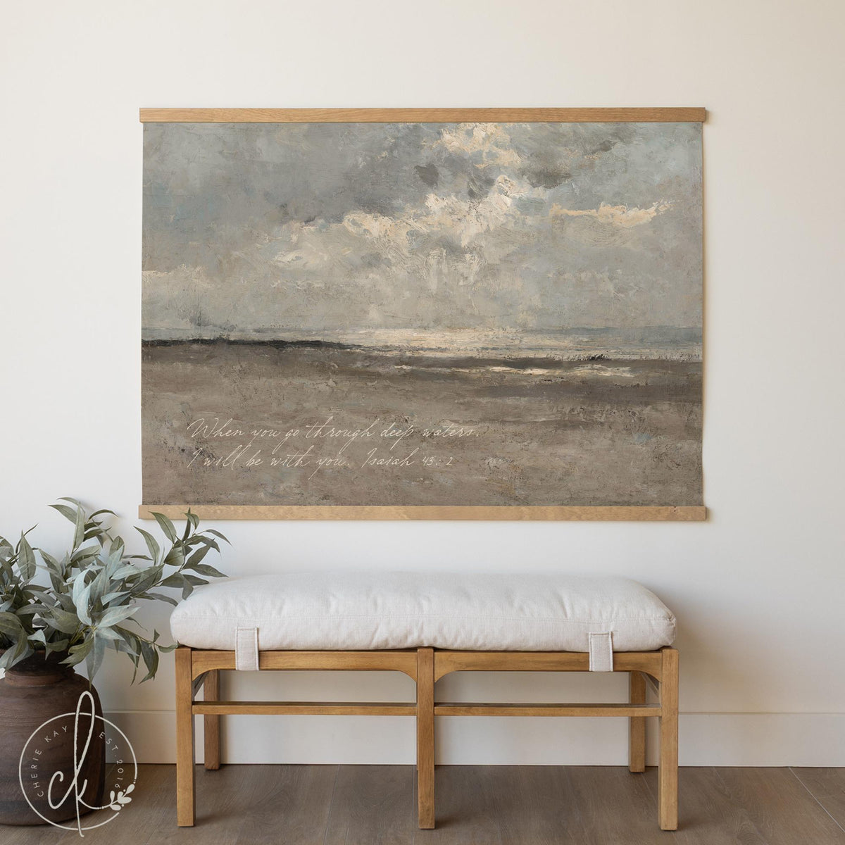Ocean Landscape Wall Art | Large Coastal Canvas with Isaiah 43:2 | Neutral Living Room Wall Decor | T70