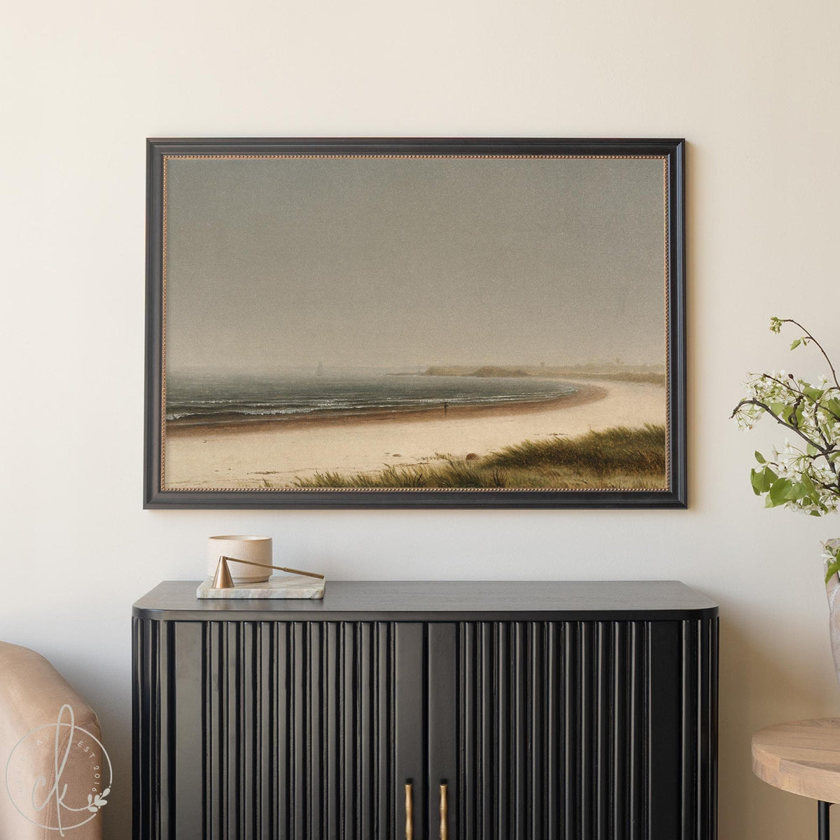 Framed beach landscape wall art with soft ocean waves and grassy dunes