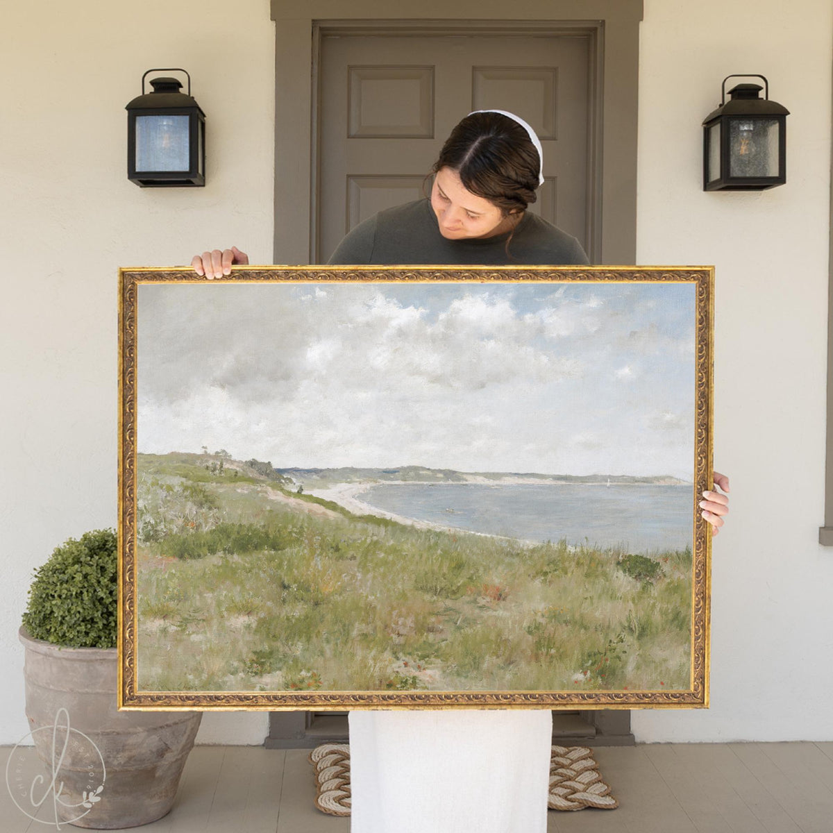 Framed gold impressionist landscape print of seaside dunes — vintage coastal wall art for home decor