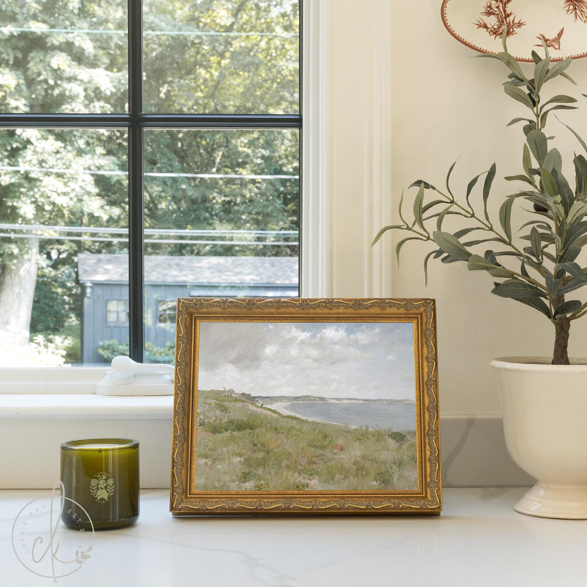 Vintage Coastal Wall Art | Framed Gold Seaside Painting | Impressionist Landscape | N31