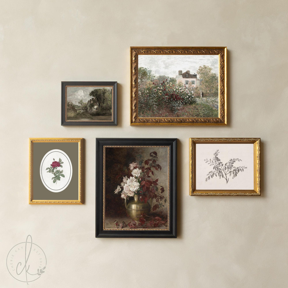Vintage floral wall art gallery with framed flower paintings and botanical prints.