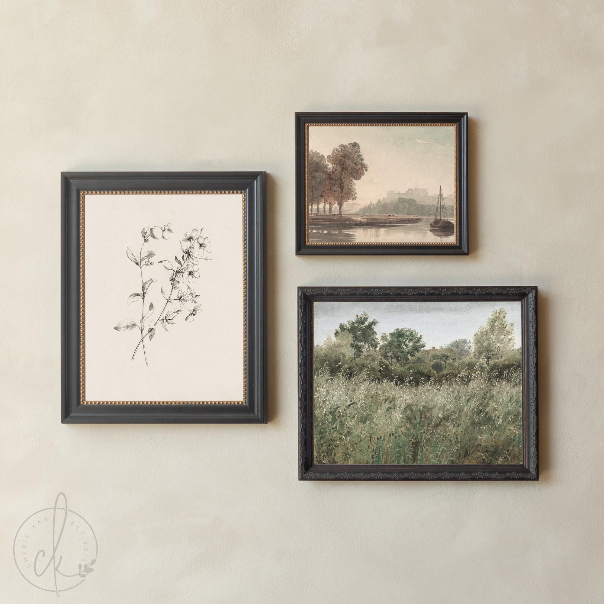 Framed Wall Art Set | Vintage Landscape & Botanical Gold Frames