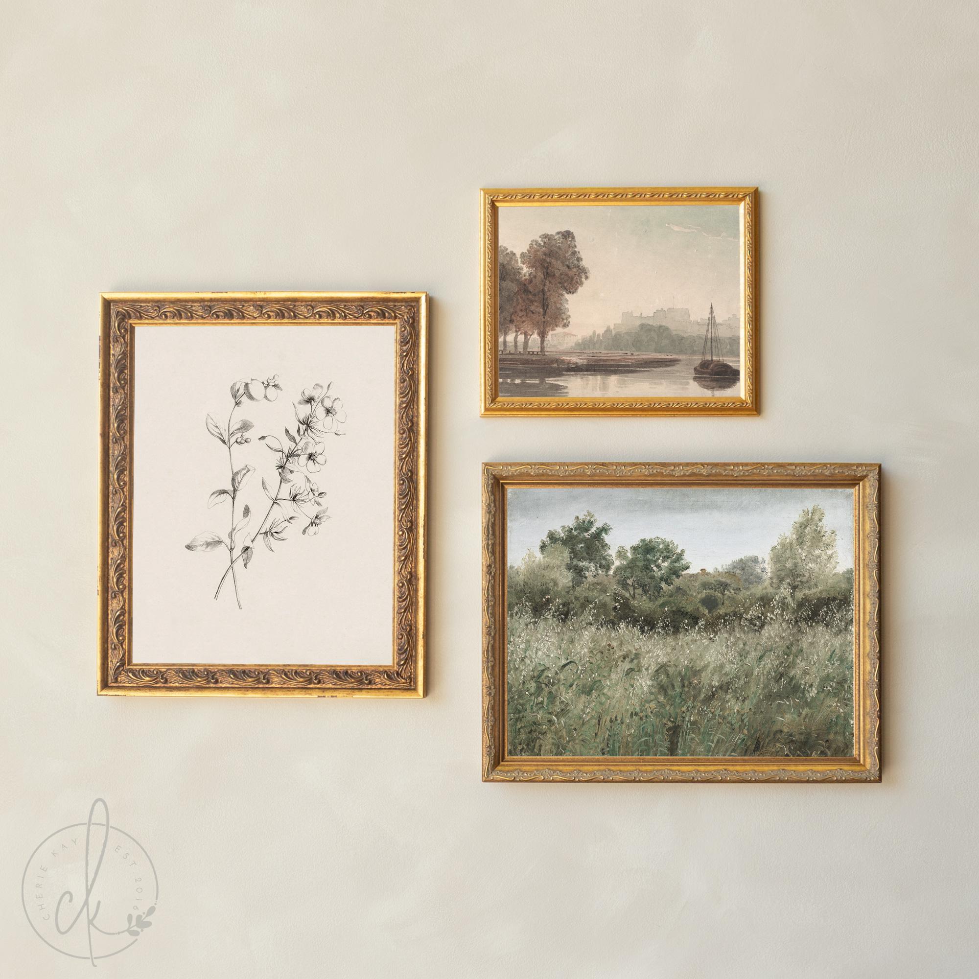 Framed Wall Art Set | Vintage Landscape & Botanical Gold Frames