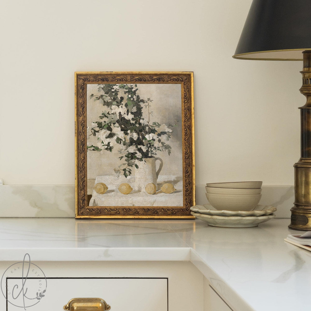 Kitchen Wall Art | Vintage Floral Still Life | Gold Framed Canvas Lemon Painting | N81