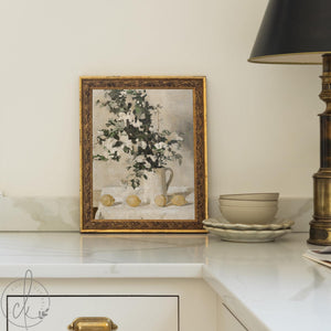 Kitchen Wall Art | Vintage Floral Still Life | Gold Framed Canvas Lemon Painting | N81