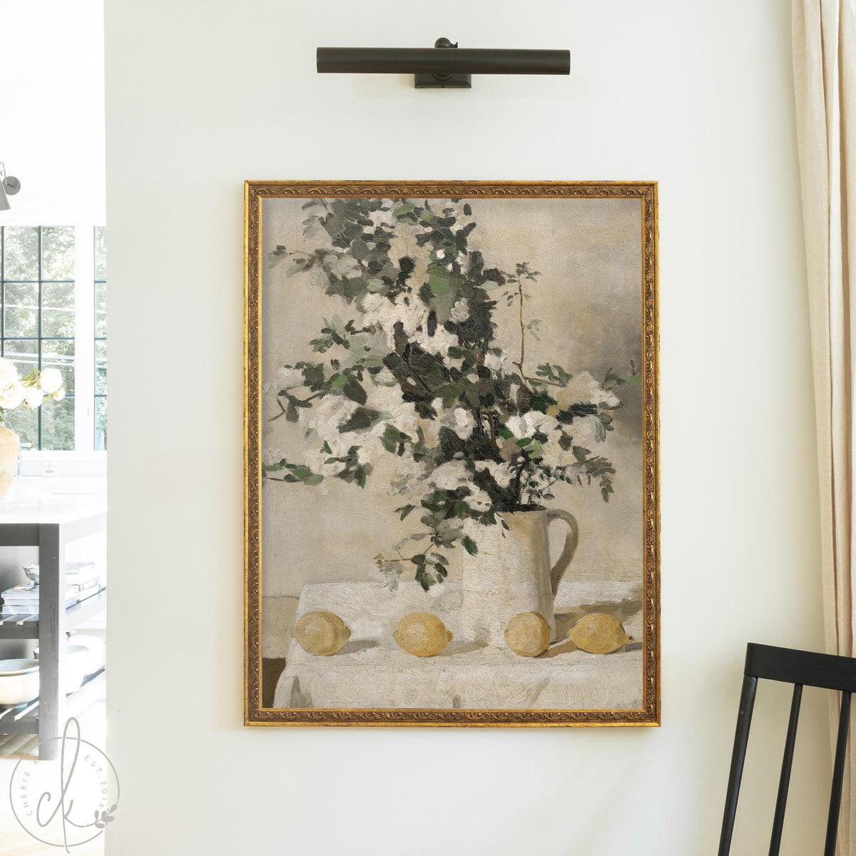 Vintage floral still life with lemons in gold frame – kitchen wall art canvas.