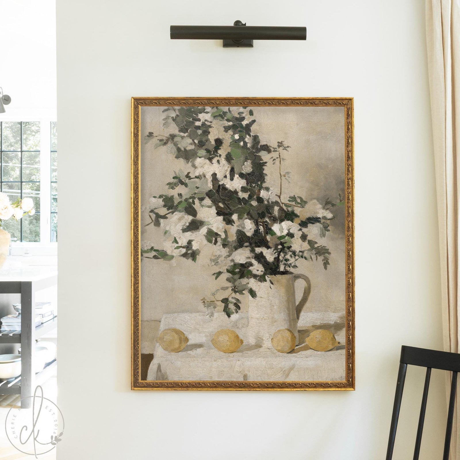 Vintage floral still life with lemons in gold frame – kitchen wall art canvas.