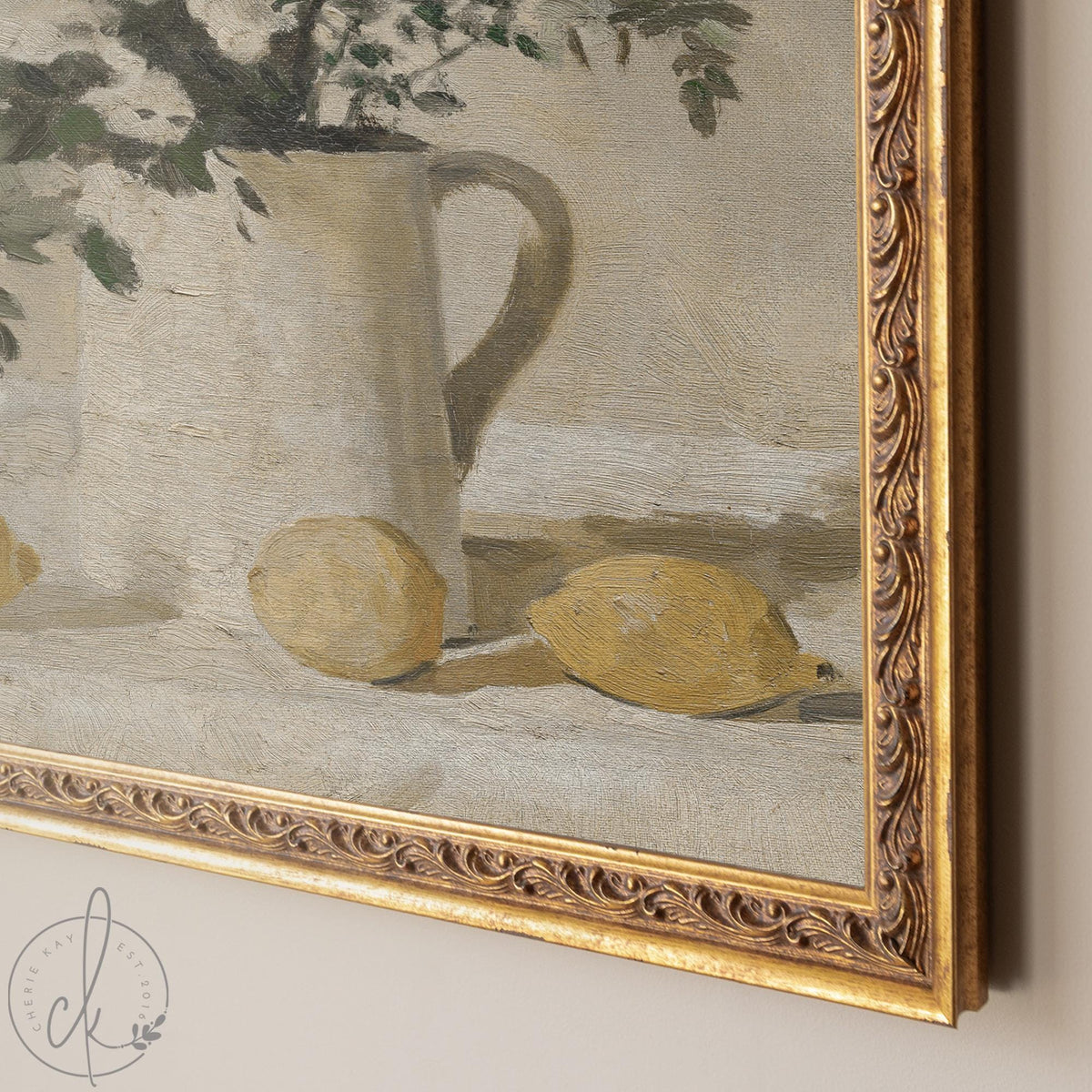 Kitchen Wall Art | Vintage Floral Still Life | Gold Framed Canvas Lemon Painting | N81