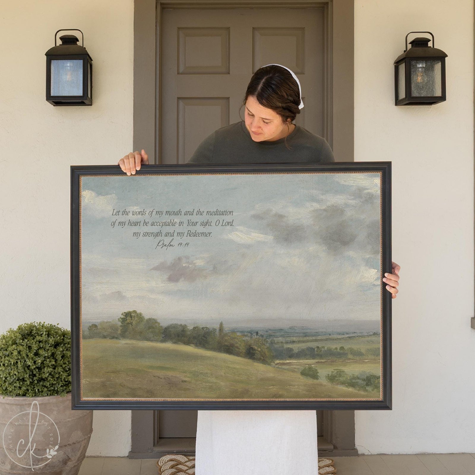 Framed landscape wall art with Psalm 19:14 Bible verse over a countryside scene.