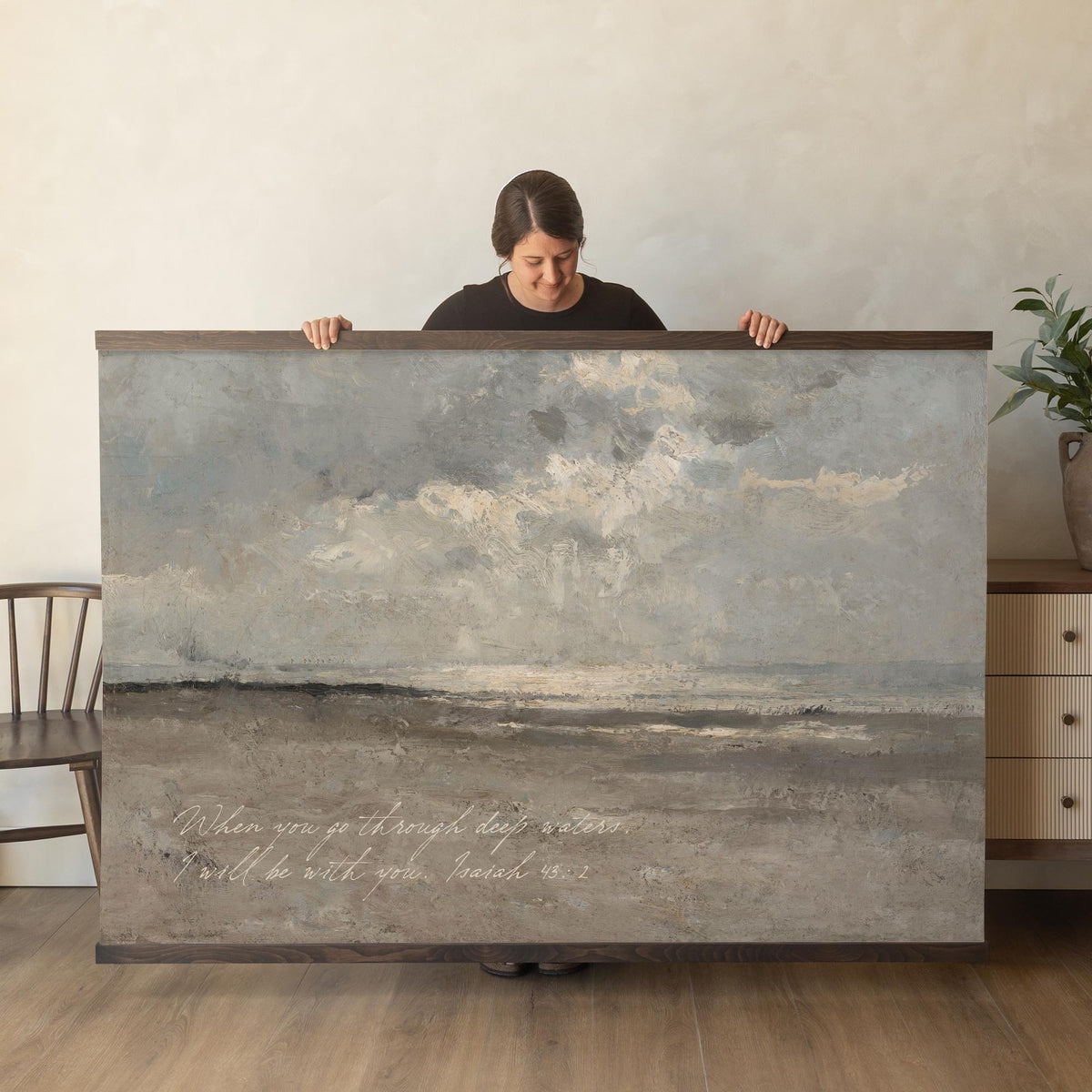 Ocean landscape wall art with Isaiah 43:2 scripture on large coastal canvas
