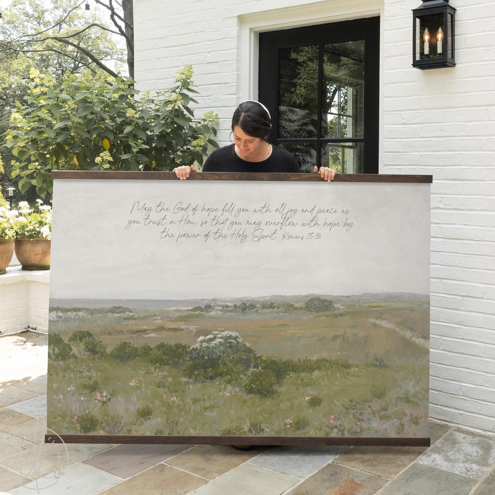 Peaceful Christian home decor tapestry with Romans 15:13 scripture and landscape scene.