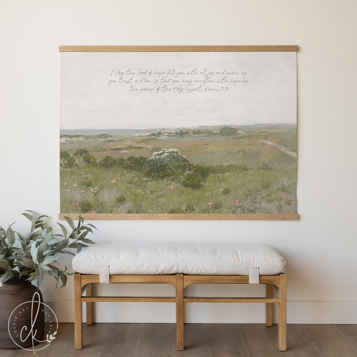 Peaceful Christian home decor tapestry with Romans 15:13 scripture and landscape scene.
