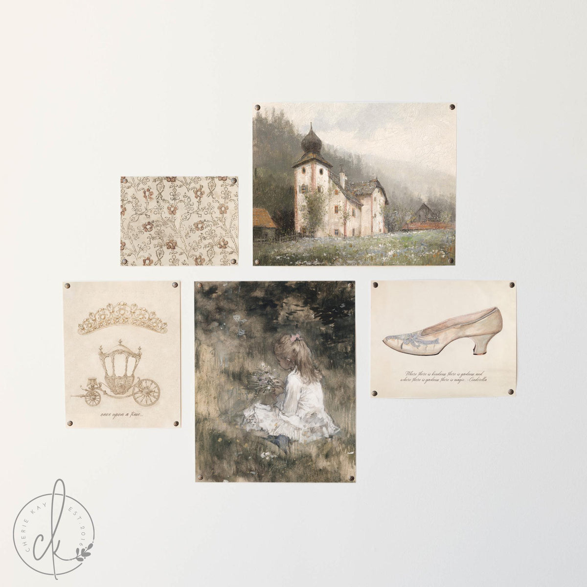 Nursery Princess Decor | Vintage Fairytale Wall Art | Gold Frame Gallery for Girl’s Room | G43