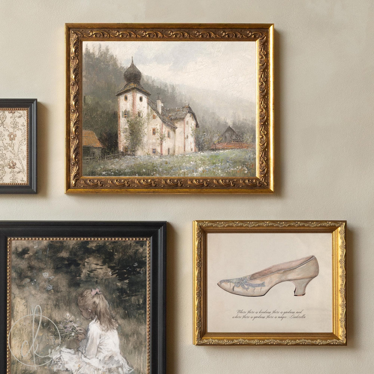 Nursery Princess Decor | Vintage Fairytale Wall Art | Gold Frame Gallery for Girl’s Room | G43
