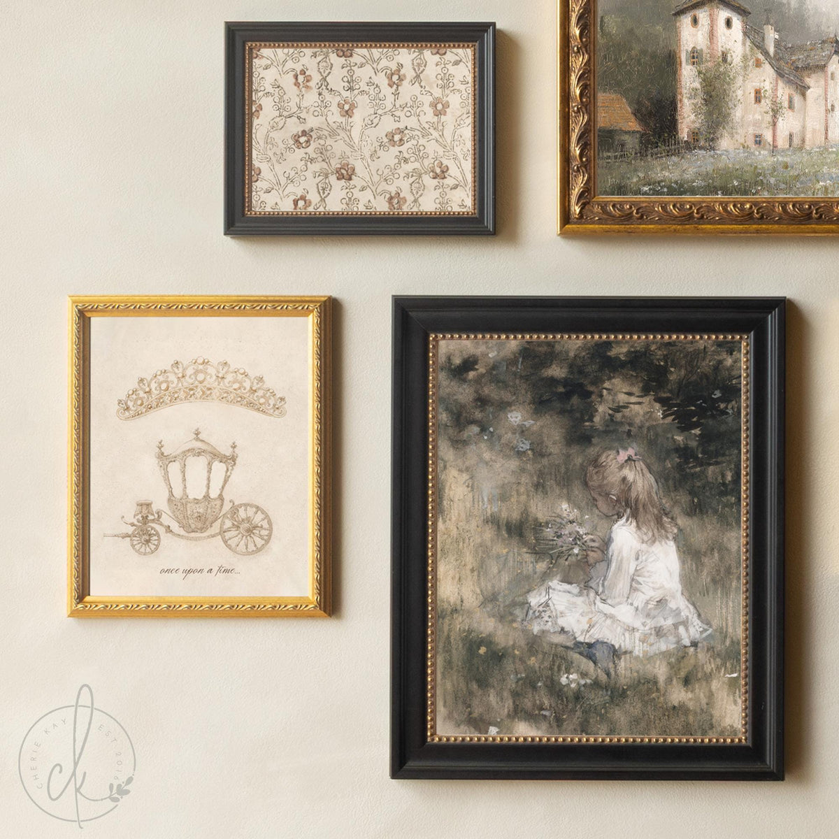 Nursery Princess Decor | Vintage Fairytale Wall Art | Gold Frame Gallery for Girl’s Room | G43