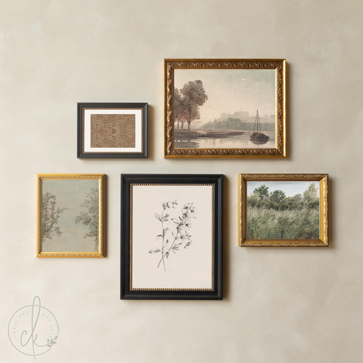 Framed Wall Art Set | Vintage Landscape & Botanical Prints | Gold Frame Gallery Wall Decor | G11
