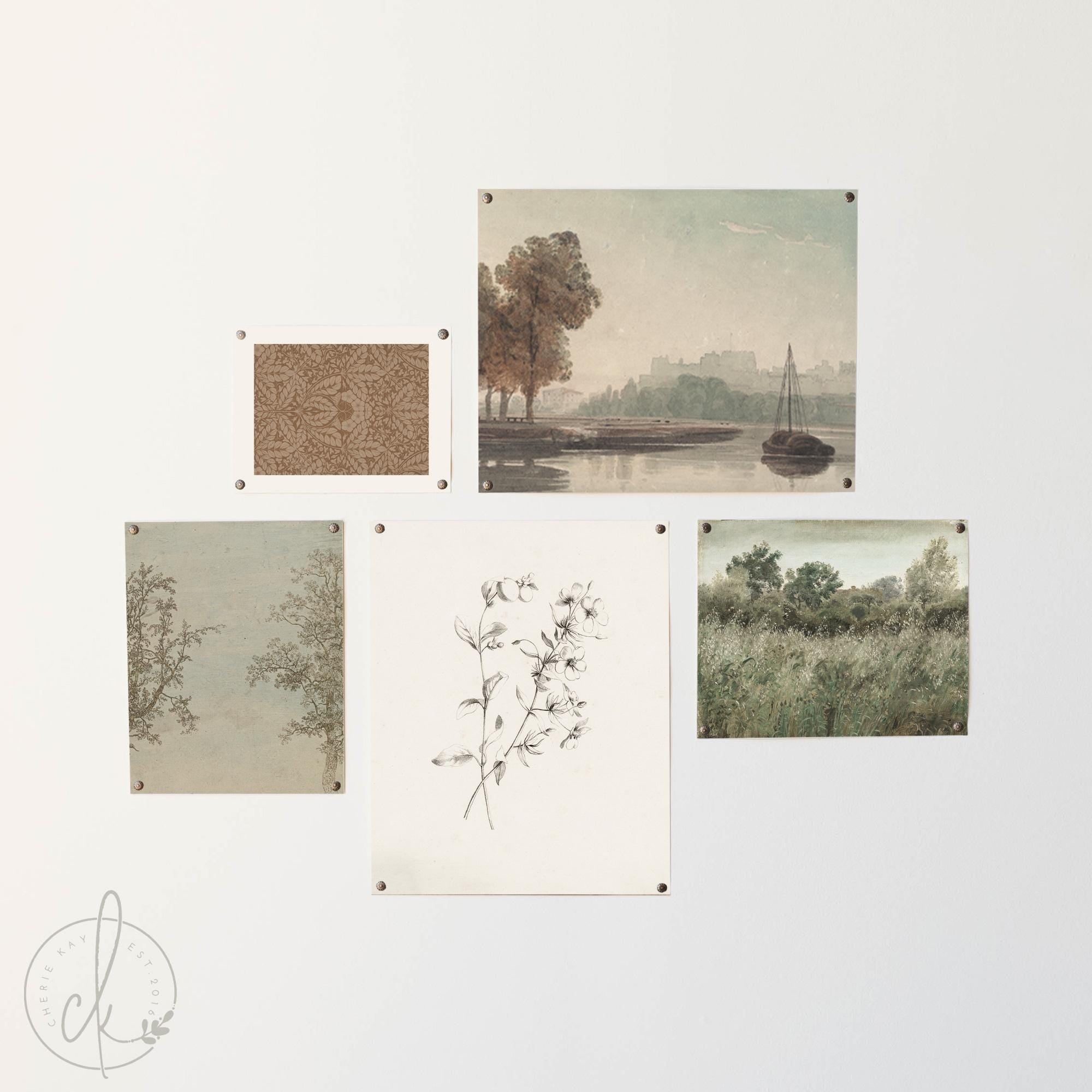Framed Wall Art Set | Vintage Landscape & Botanical Gold Frames