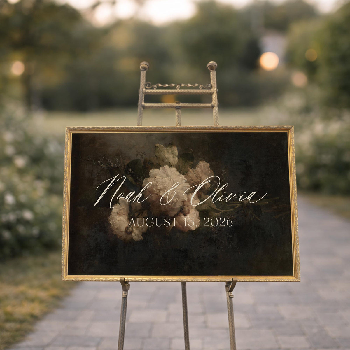 Wedding welcome sign with custom name and date in gold frame floral design