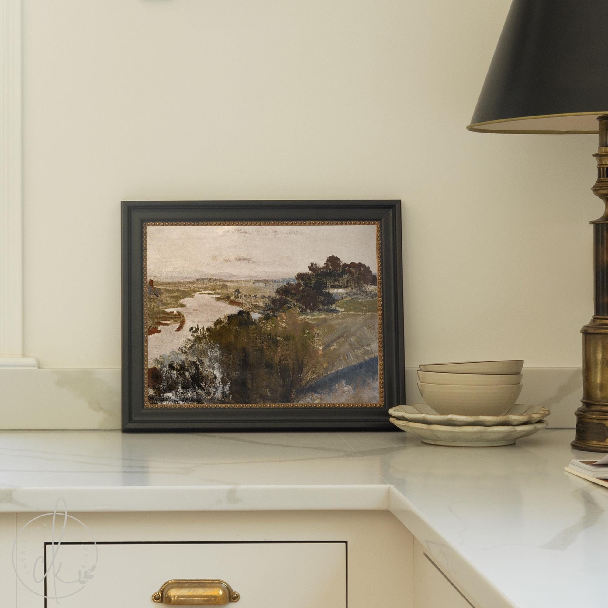 Vintage Landscape Painting | Gold Frame River Valley Art