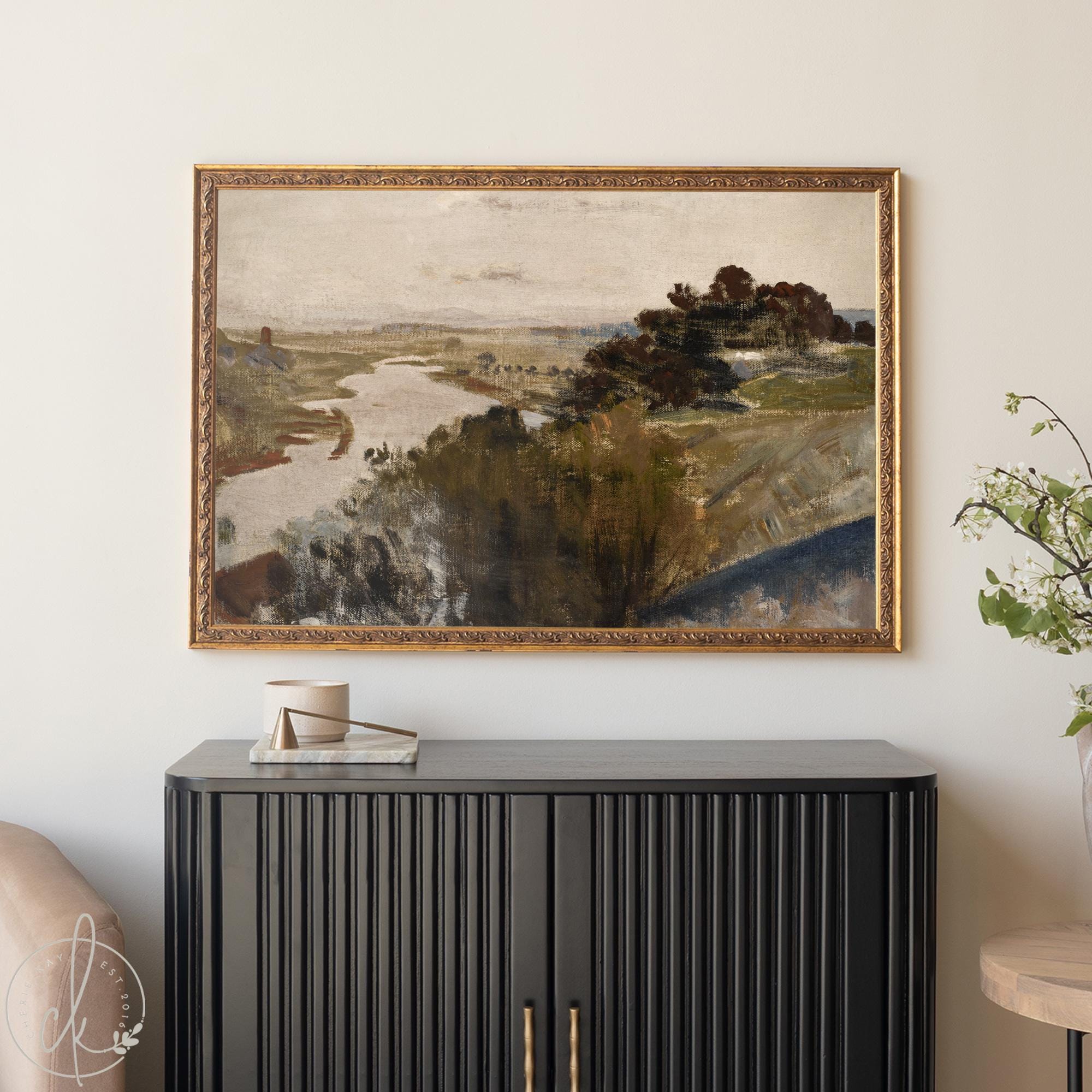 Vintage Landscape Painting | Gold Frame River Valley Art