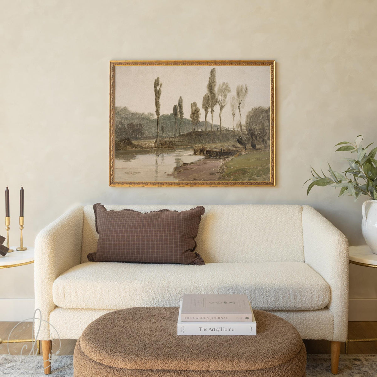 Framed Wall Art Living Room | Vintage River Landscape in Ornate Gold Frame | Large Antique Wall Decor | N66