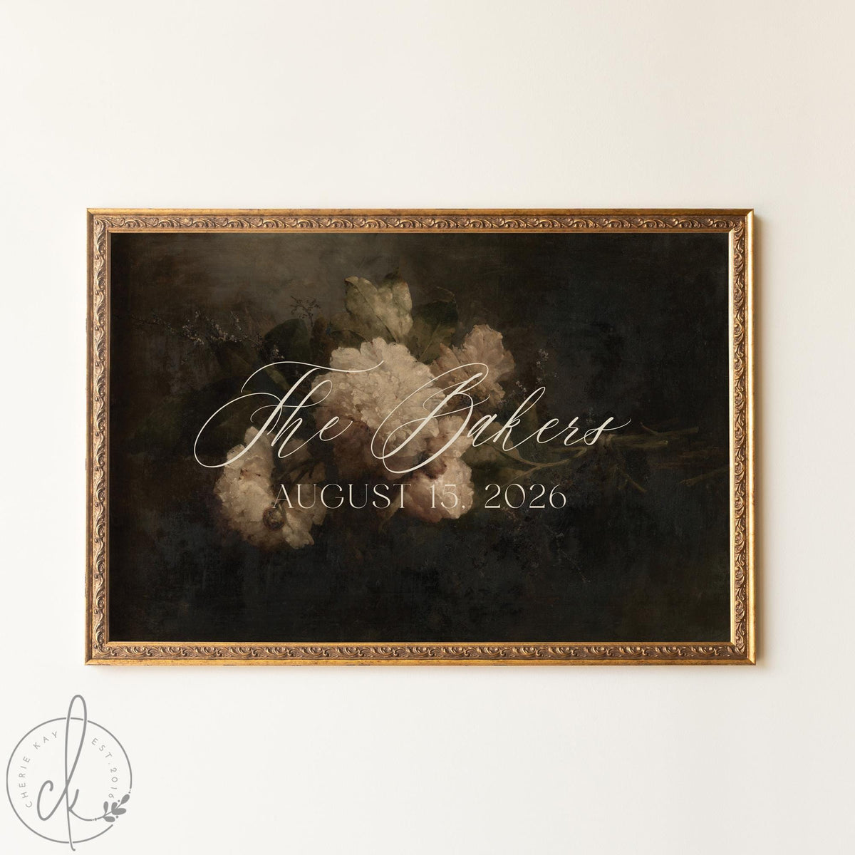 Wedding welcome sign with custom name and date in gold frame floral design