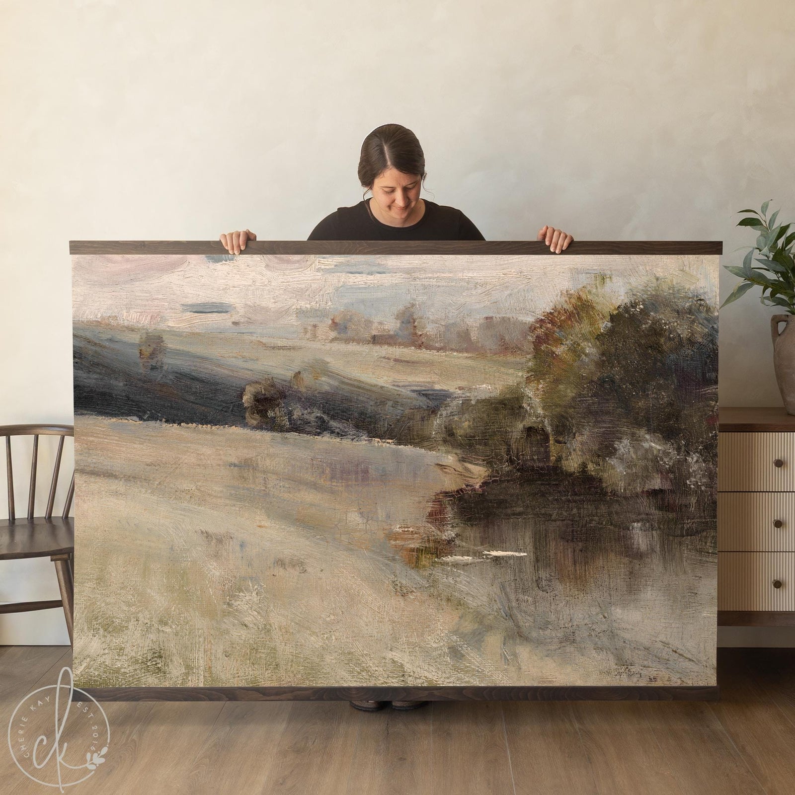 Large abstract landscape art canvas tapestry with impressionist countryside scene in muted green and brown earth tones