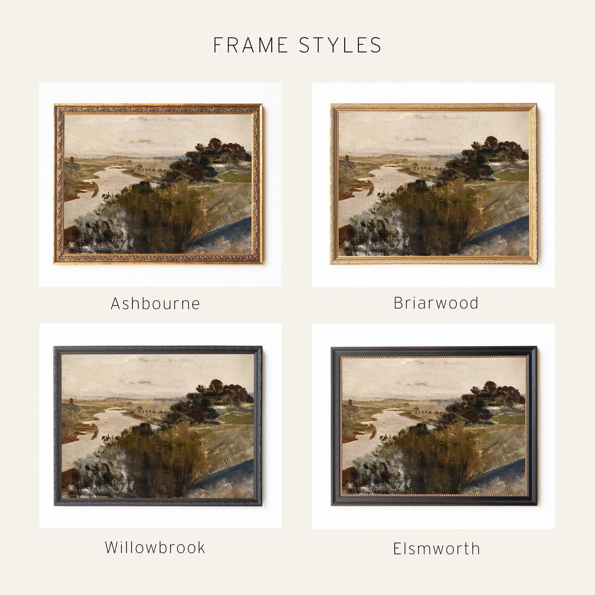 Vintage Landscape Painting | River Valley in Ornate Gold Frame | Large Framed Wall Art | N52