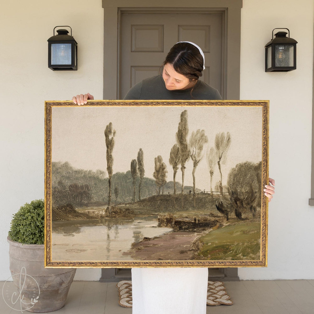 Framed wall art living room, ornate gold frame with vintage river landscape, tall trees and water