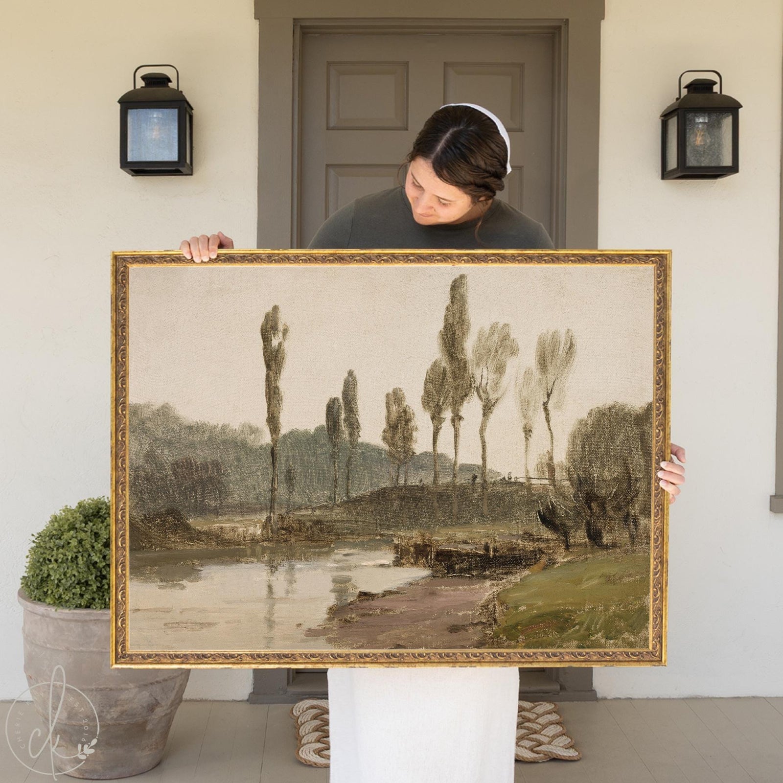 Framed wall art living room, ornate gold frame with vintage river landscape, tall trees and water