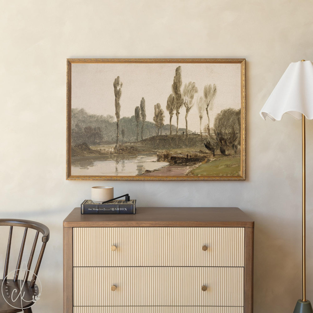 Framed Wall Art Living Room | Vintage River Landscape in Ornate Gold Frame | Large Antique Wall Decor | N66