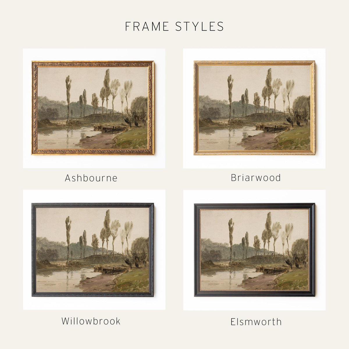 Framed Wall Art Living Room | Vintage River Landscape in Ornate Gold Frame | Large Antique Wall Decor | N66