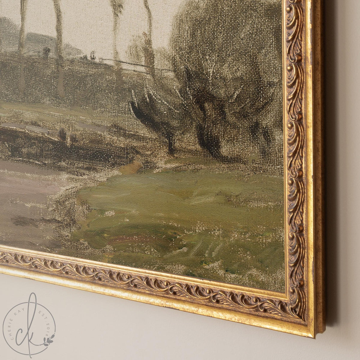 Framed Wall Art Living Room | Vintage River Landscape in Ornate Gold Frame | Large Antique Wall Decor | N66