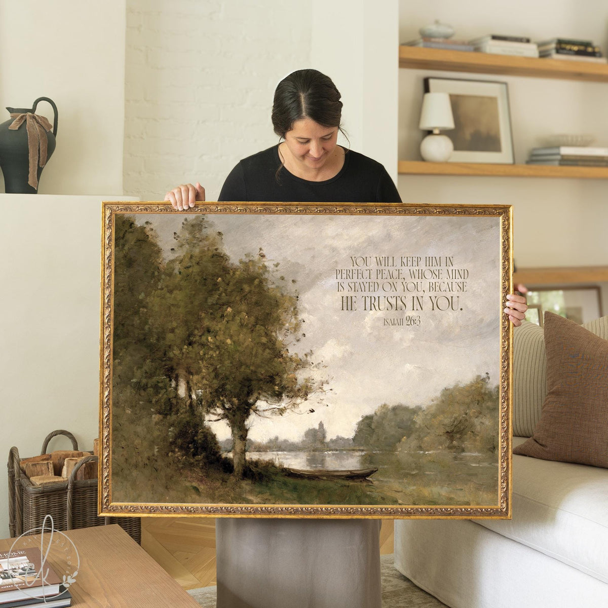 Bible verse wall art featuring Isaiah 26:3 - vintage landscape painting with trees and river in ornate gold frame