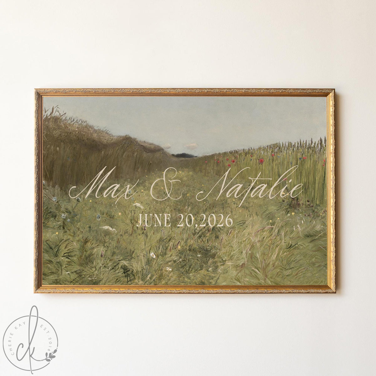 Wedding Last Name Sign | Gold Framed Personalized Wildflower Landscape | N156