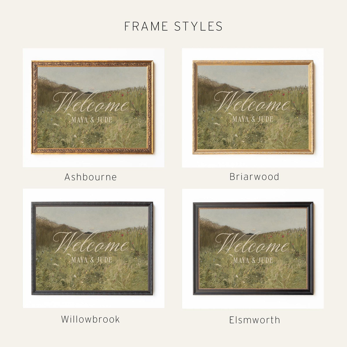 Wedding Last Name Sign | Gold Framed Personalized Wildflower Landscape | N156