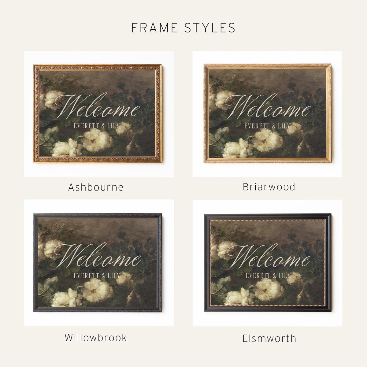 Wedding Last Name Sign | Moody Floral Print, Gold Frame | Custom Welcome Sign | N157