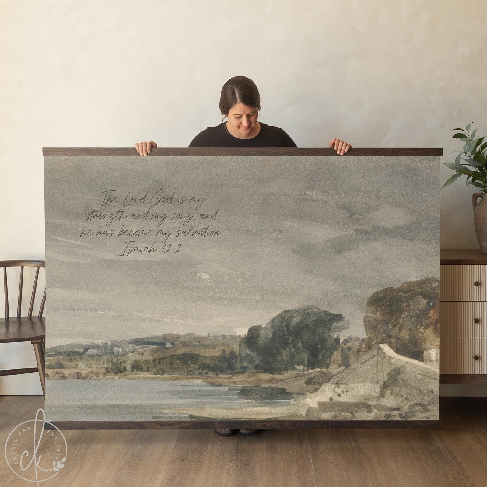 Christian tapestry wall hanging featuring Isaiah 12:2 verse on vintage watercolor countryside landscape with wood hanger