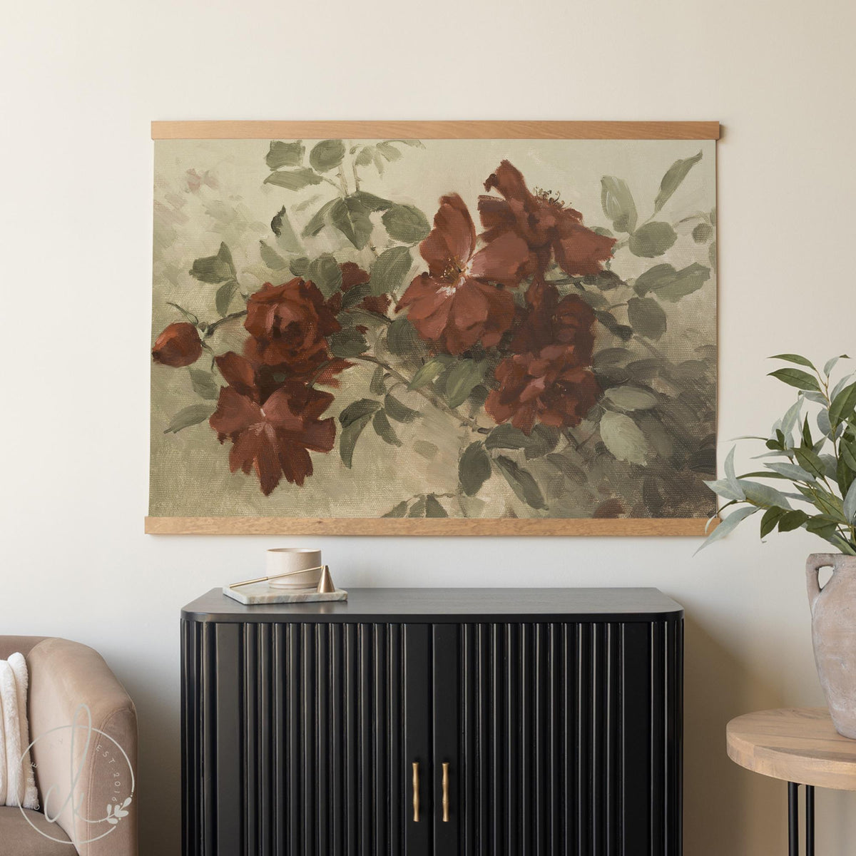 Dark Floral Wall Art | Large Canvas Tapestry | Moody Burgundy Flower Painting | T126