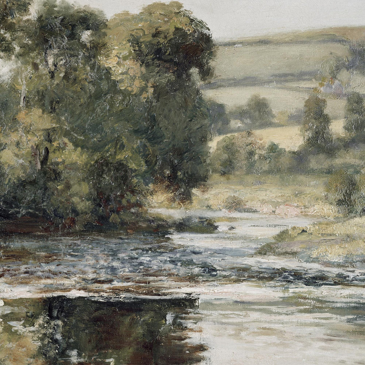 Nature Landscape Painting | Vintage River Canvas Wall Hanging | Large Green Wall Art | T114