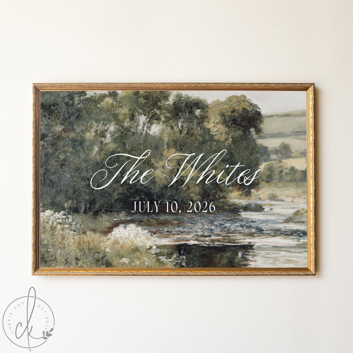Personalized last name sign on vintage landscape canvas in gold frame, custom family name and date framed wall art