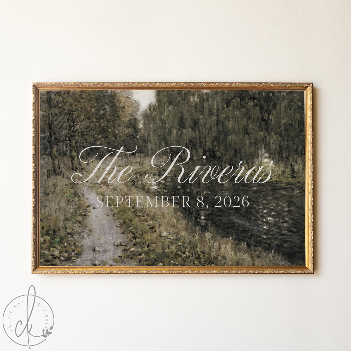 Wedding Entrance Sign | Green Impressionist Landscape Welcome Easel | Personalized Names and Date | N153