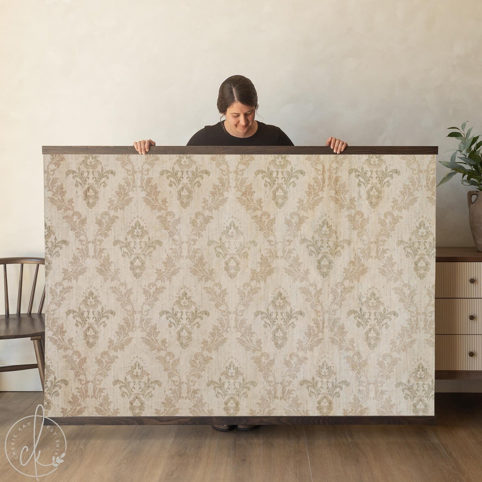 Floral wall hanging canvas banner with vintage damask pattern in gold and cream with natural wood frame.