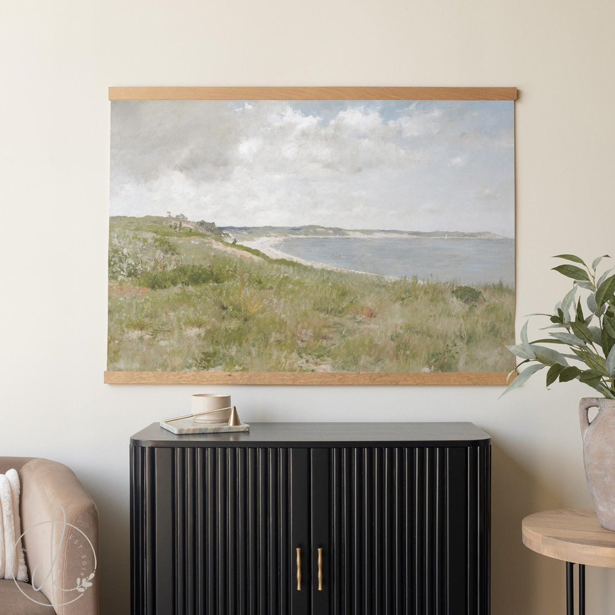Vintage Coastal Art Canvas Banner | Above Couch Wall Decor | Large Horizontal Beach Landscape | T129