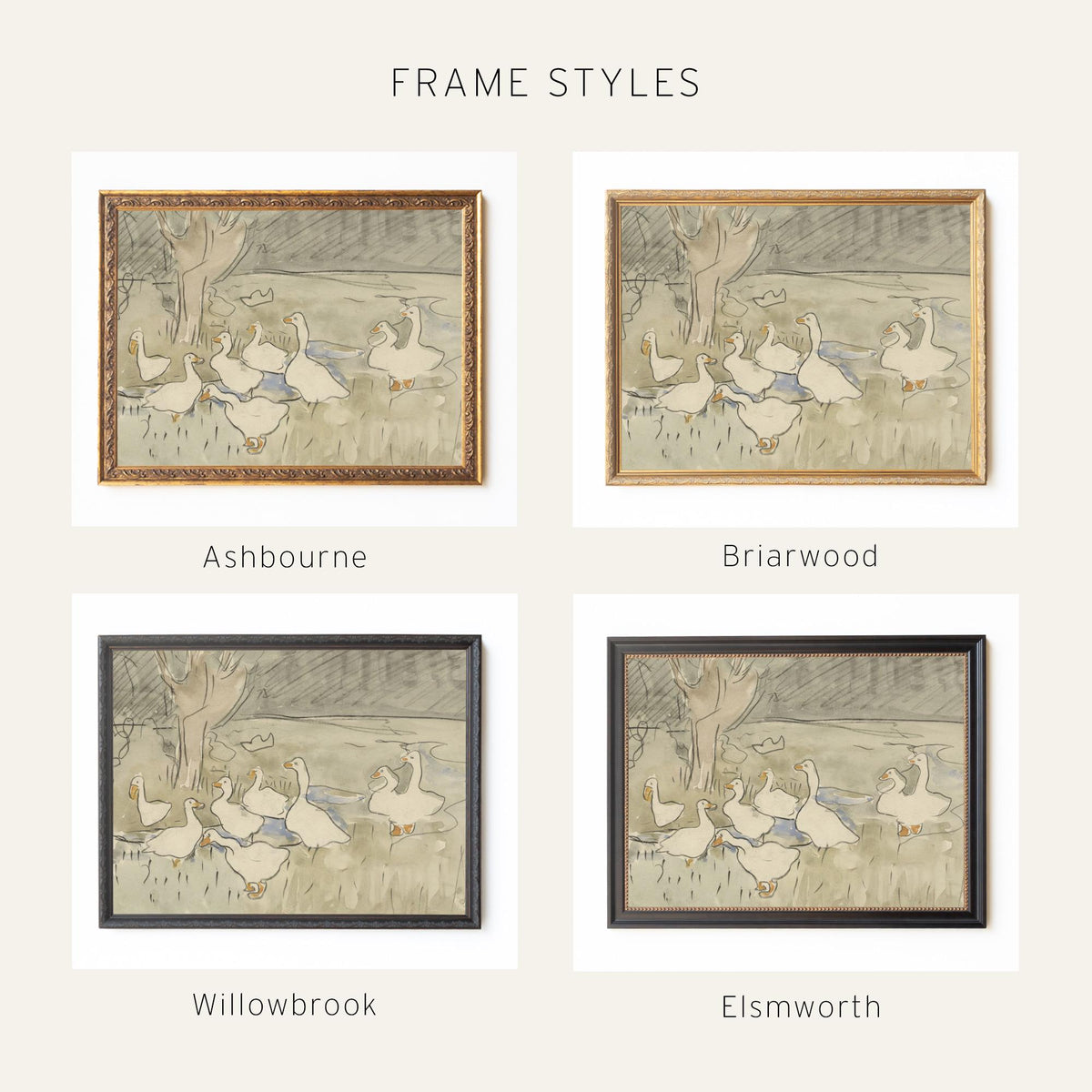 Goose Nursery Decor | Vintage Geese Wall Art in Gold Frame | Neutral Canvas Print for Baby or Kids Room | N226