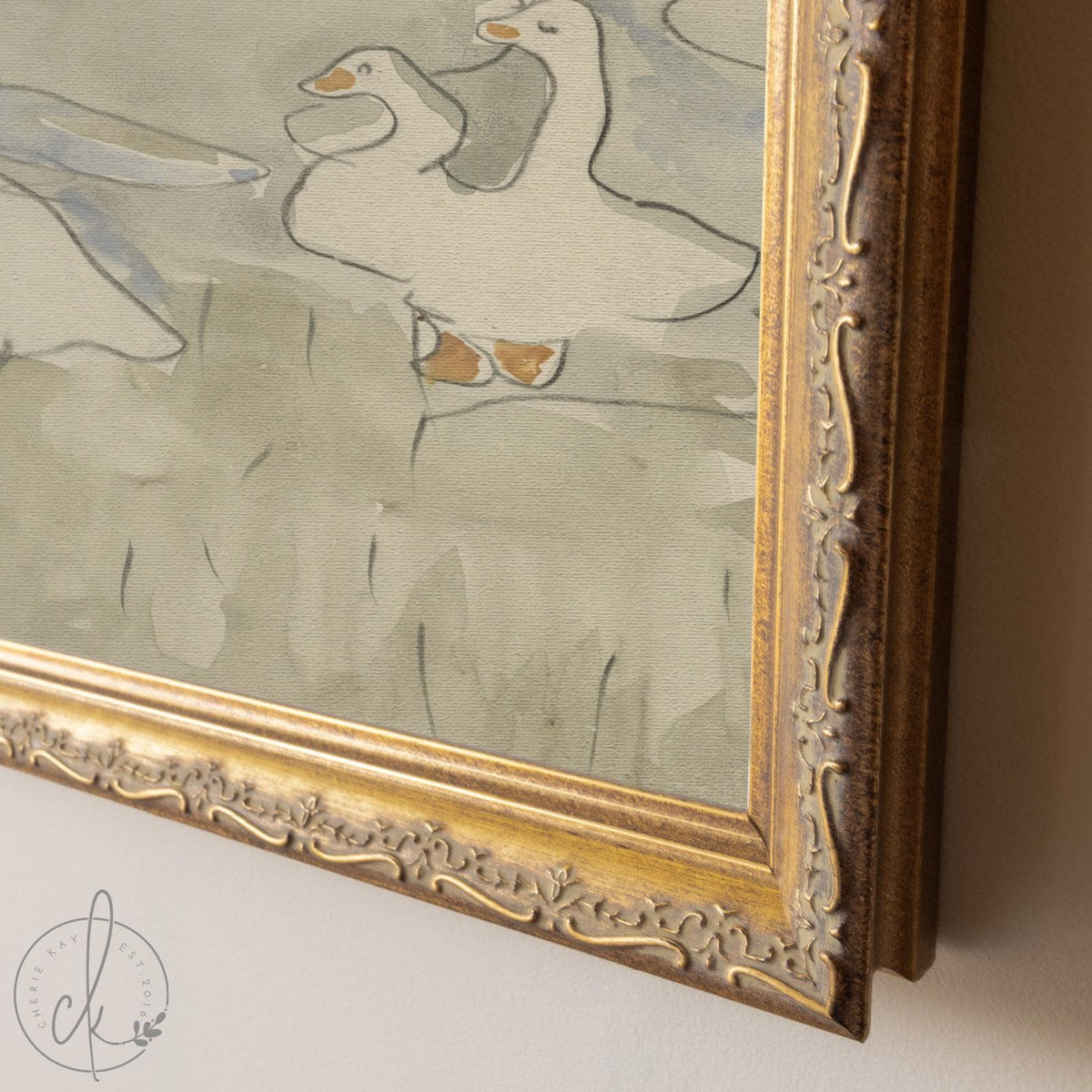 Goose Nursery Decor | Vintage Geese Wall Art in Gold Frame | Neutral Canvas Print for Baby or Kids Room | N226
