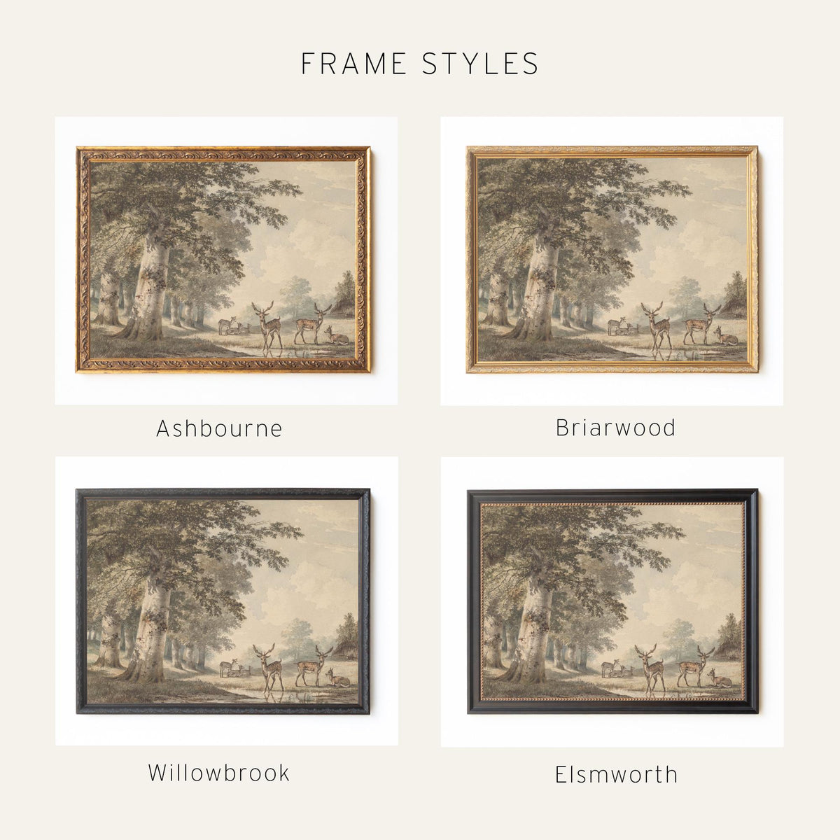 Vintage Deer Artwork | Woodland Nursery Wall Decor Above Crib | Gold Framed Canvas Print for Baby Boy Room | N63